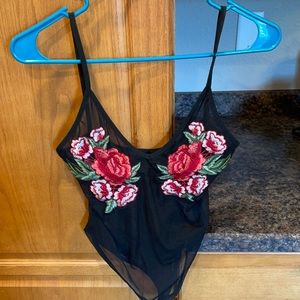 Sheer Black Bodysuit with stitched floral detail